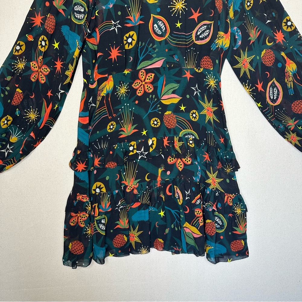 FARM Rio Black Cerrado Sky Celestial Ruffle Long Sleeve Mini Dress Small - Picture 2 of 7
